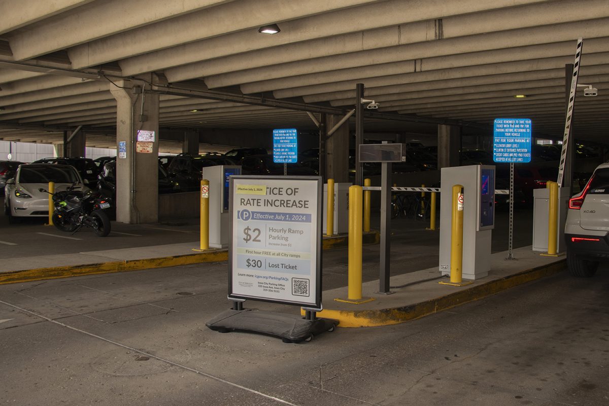 The Clinton Street parking garage is seen on Aug. 23, 2024. Recent changes to pay rates in the garages has initiated conversation from Iowa City residents.