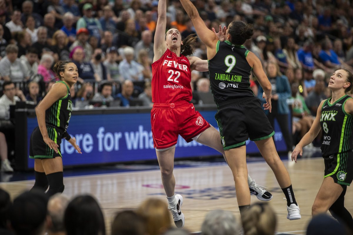 Indiana guard Caitlin Clark shoots the ball during a WNBA game between the Minnesota Lynx and the Indiana Fever at the Target Center in Minneapolis, Minn., on Saturday, Aug. 24, 2024. The Lynx defeated the Fever, 90-80.