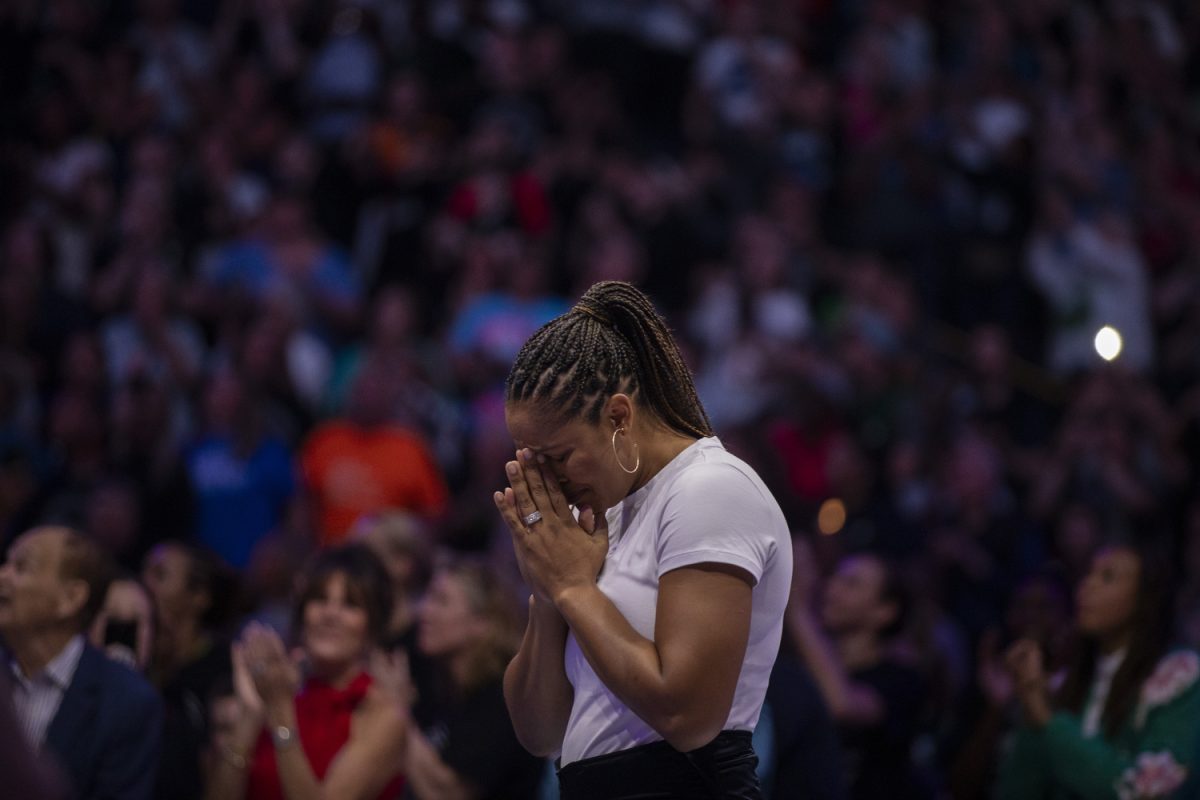 Former Lynx player Maya Moore reacts to speeches after a WNBA game between the Minnesota Lynx and the Indiana Fever at the Target Center in Minneapolis, Minn., on Saturday, Aug. 24, 2024. The Lynx defeated the Fever, 90-80. Moore was honored with her jersey being retired.