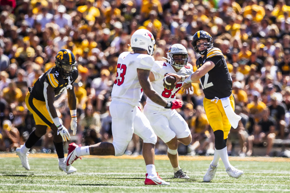 Iowa quarterback Cade McNamara throws the ball during a football game between Iowa and Illinois State at Kinnick Stadium in Iowa City on Saturday, Aug. 31, 2024. The Hawkeyes defeated the Redbirds 40-0.
