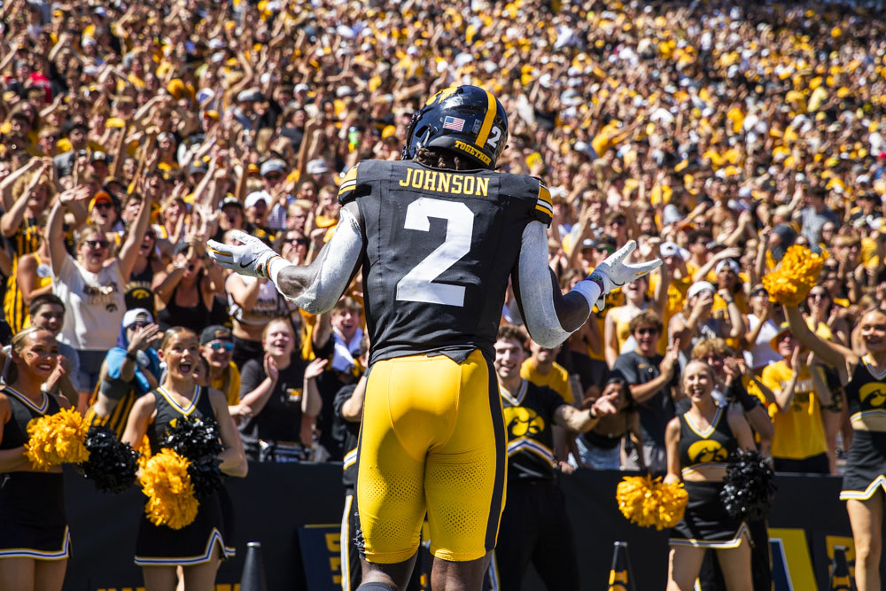 Iowa running back Kaleb Johnson motions to fans after scoring a touchdown during a football game between Iowa and Illinois State at Kinnick Stadium in Iowa City on Saturday, Aug. 31, 2024. The Hawkeyes defeated the Redbirds 40-0.

