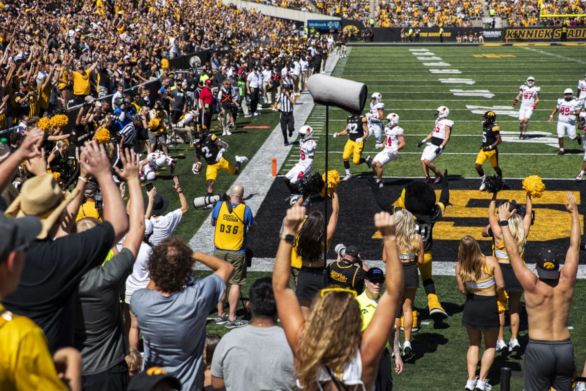 Iowa running back Kaleb Johnson scores a touchdown during a football game between Iowa and Illinois State at Kinnick Stadium in Iowa City on Saturday, Aug. 31, 2024. The Hawkeyes defeated the Redbirds 40-0. Johnson was responsible for two of the teams touchdowns.