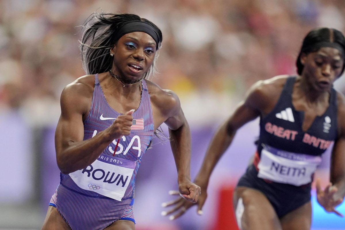 Aug 5, 2024; Paris Saint-Denis, France; Brittany Brown (USA) competes in a womenís 200m semifinal heat during the Paris 2024 Olympic Summer Games at Stade de France. Mandatory Credit: Andrew Nelles-USA TODAY Sports