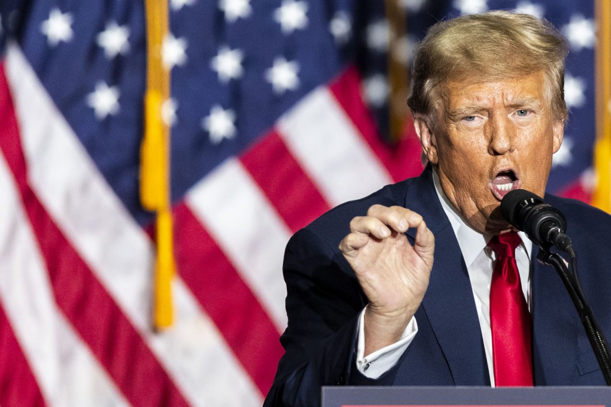 Former President Donald Trump speaks during his caucus night watch party at the Iowa Events Center in Des Moines on Monday, Jan. 15, 2024. 