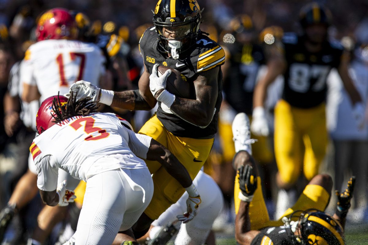 Iowa running back Kaleb Johnson carries the ball during a Cy-Hawk football game between No. 21 Iowa and Iowa State at Kinnick Stadium on Saturday, Sept. 7, 2024. Johnson rushed for 187 yards and had two touchdowns. The Cyclones defeated the Hawkeyes, 20-19.