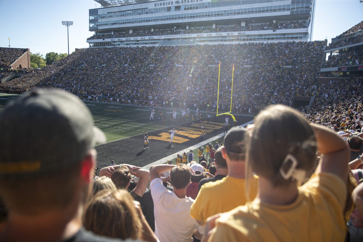 Fans observe an Iowa State touchdown during a Cy-Hawk football game between No. 21 Iowa and Iowa State at Kinnick Stadium on Saturday, Sept. 7, 2024. The Cyclones defeated the Hawkeyes, 20-19.