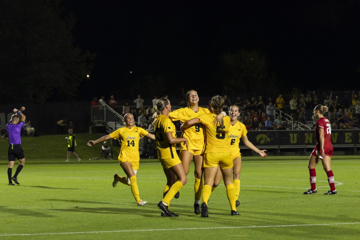 Iowa players celebrate during a soccer game between Iowa and Nebraska at the Iowa Soccer Complex in Iowa City on Sept. 12, 2024. The Hawkeyes defeated the Cornhuskers 2-0.