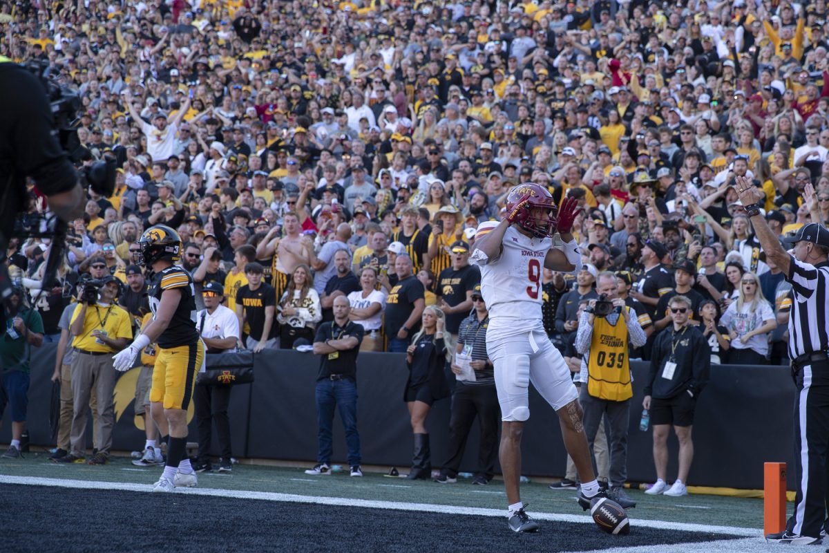 Iowa State wide receiver Jayden Higgins reacts after scoring a touchdown for Iowa State during a Cy-Hawk football game between No. 21 Iowa and Iowa State at Kinnick Stadium on Saturday, Sept. 7, 2024. Higgins had 68 receiving yards and one touchdown. The Cyclones defeated the Hawkeyes, 20-19.