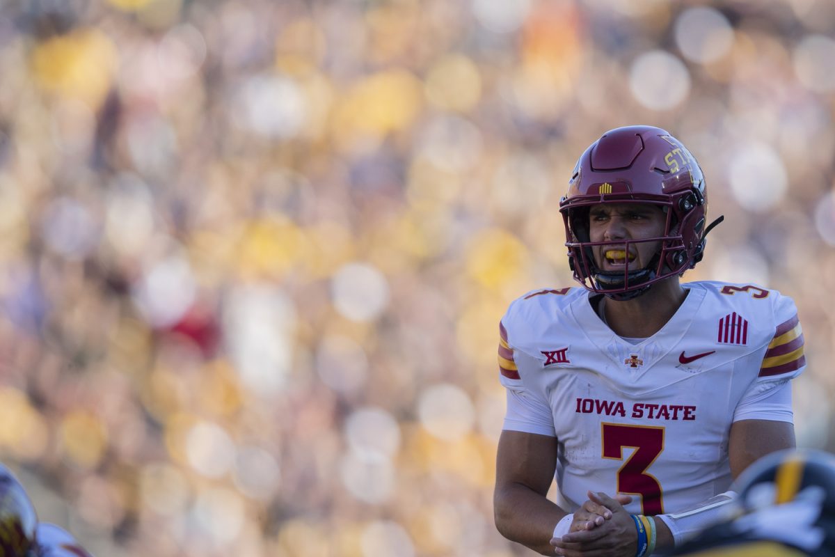 Iowa State quarterback Rocco Becht calls for the ball during a Cy-Hawk football game between No. 21 Iowa and Iowa State at Kinnick Stadium on Saturday, Sept. 7, 2024. Brecht passed for 272 yards. The Cyclones defeated the Hawkeyes, 20-19.