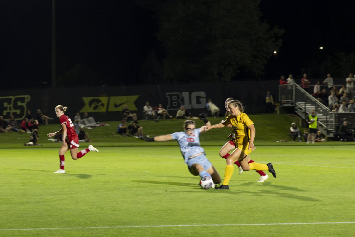 Iowa midfielder Sofia Bush dribbles the ball during a soccer game between Iowa and Nebraska at the Iowa Soccer Complex in Iowa City on Thursday, Sept. 12, 2024. The Hawkeyes defeated the Cornhuskers 2-0.