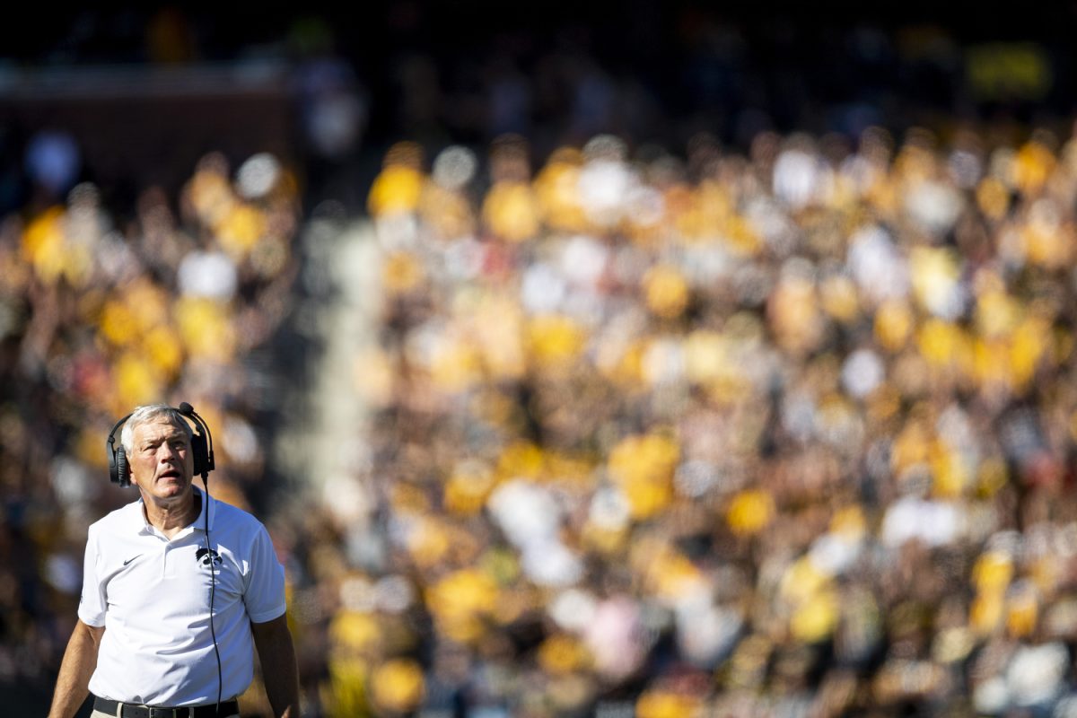 Iowa head coach Kirk Ferentz looks up at the board during a Cy-Hawk football game between No. 21 Iowa and Iowa State at Kinnick Stadium on Saturday, Sept. 7, 2024. The Cyclones defeated the Hawkeyes, 20-19.