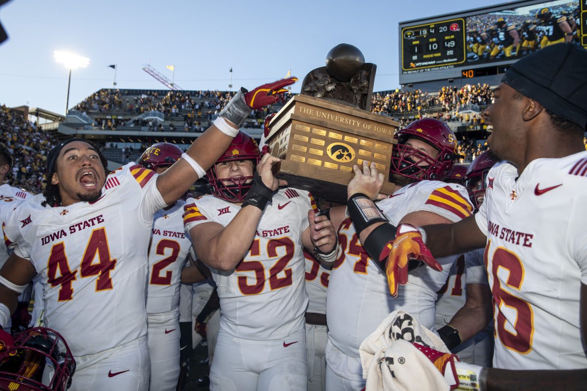 Iowa State players celebrate following a Cy-Hawk football game between No. 21 Iowa and Iowa State at Kinnick Stadium on Saturday, Sept. 7, 2024. The Cyclones defeated the Hawkeyes, 20-19.