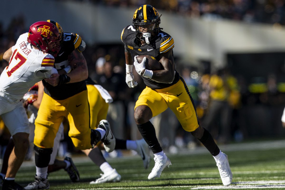 Iowa running back Kaleb Johnson carries the ball during a Cy-Hawk football game between No. 21 Iowa and Iowa State at Kinnick Stadium on Saturday, Sept. 7, 2024. The Hawkeyes lead the Cyclones, 13-0, after the first half. 