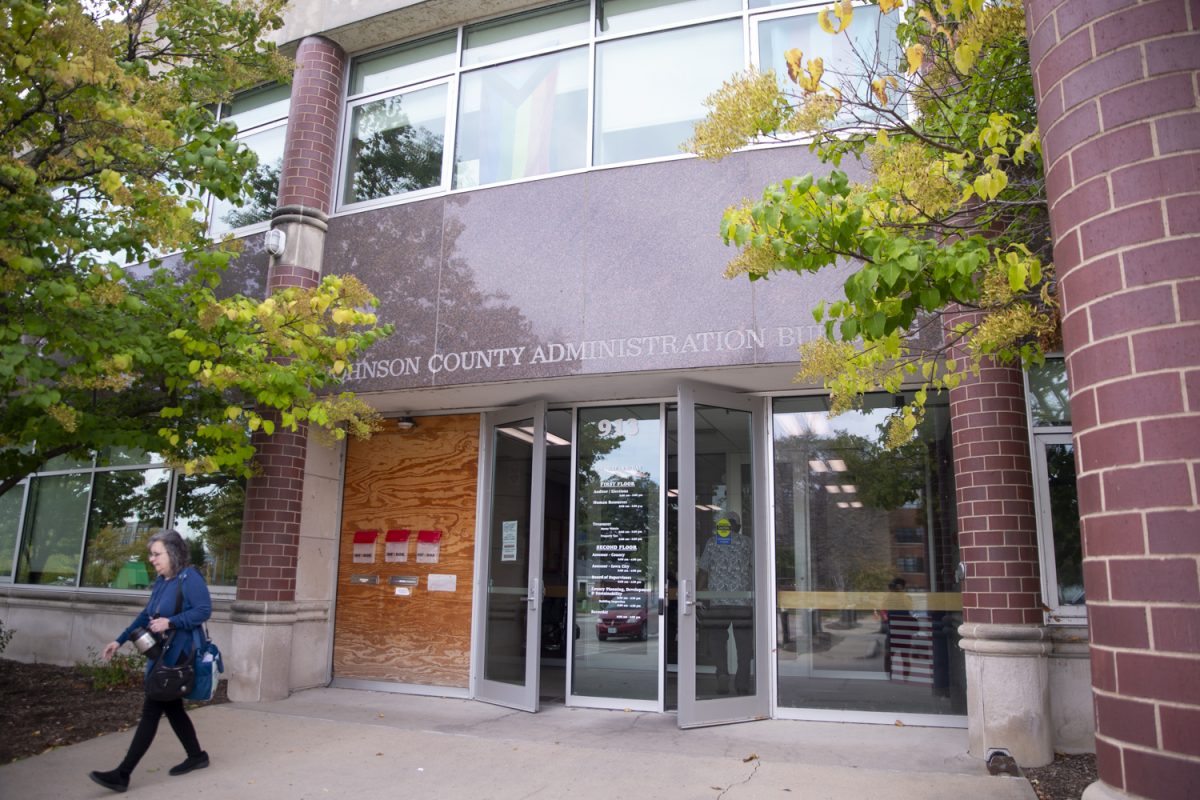 The front door of the Johnson County Administration Building is seen in Iowa City on Wednesday, Oct. 4, 2023. The building recently finished undergoing renovations.