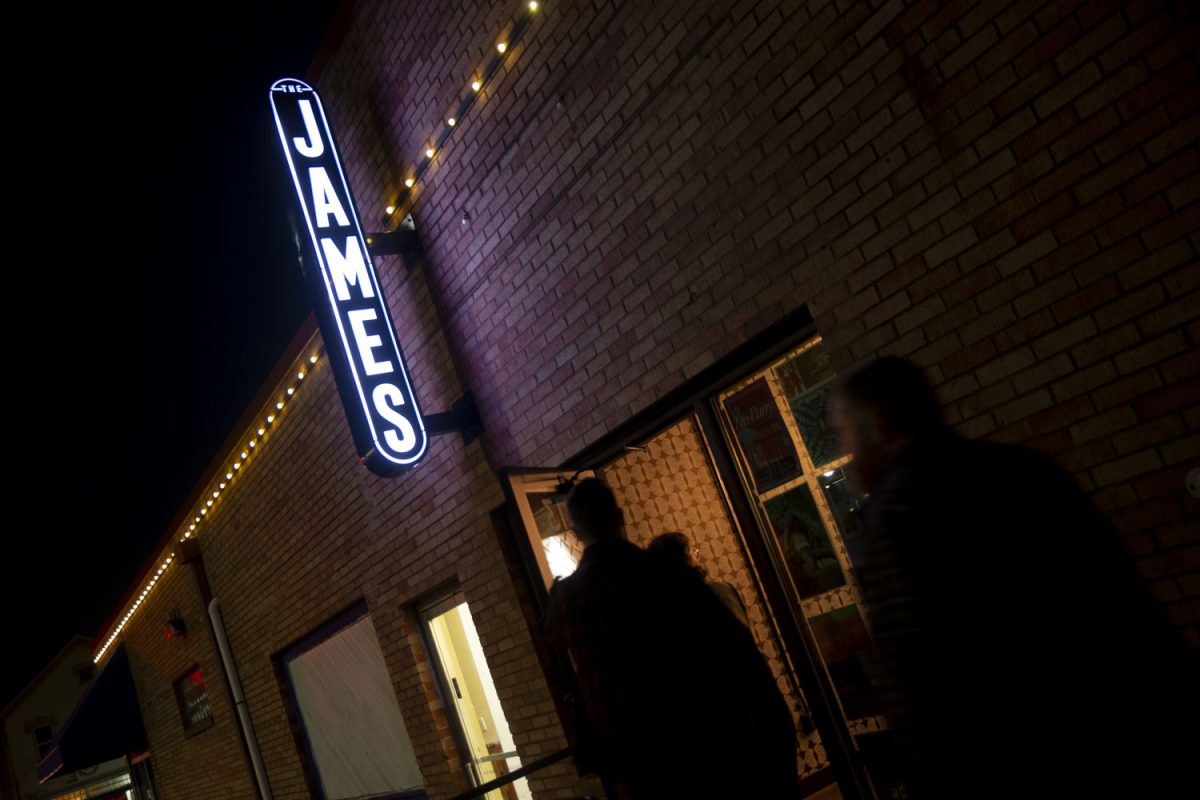 Customers enter The James Theater in Iowa City on Monday, Oct. 23, 2023. The theater's latest production is a play that features a post-apocalyptic Johnson County.