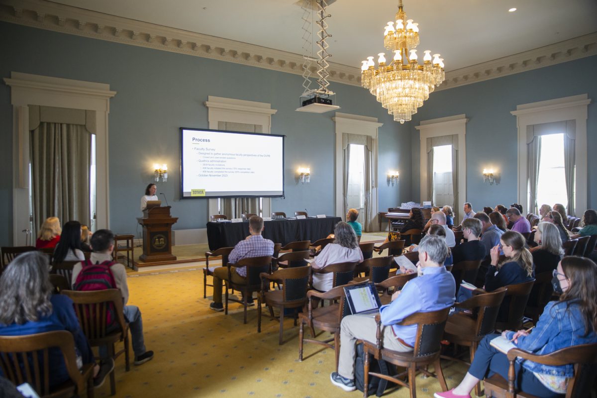 Teresa Marshall, a dentistry professor, speaks during the University Faculty Senate Meeting in the Old Capitol Building on Tuesday, April 30, 2024. 