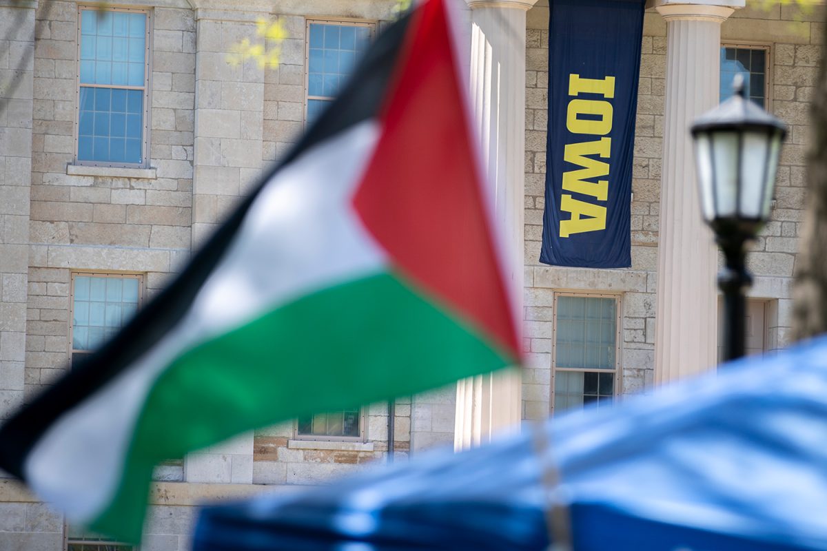 The Palestine flag waves during a three-day solidarity event on the Pentacrest in Iowa City on Friday, May 3, 2024. 