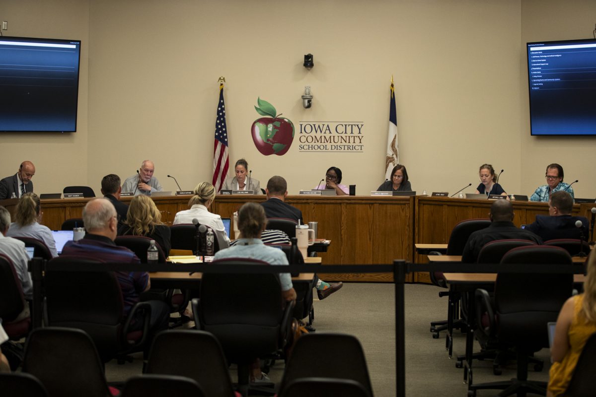 Board Members are seen during an Iowa City Community School District Meeting on Tuesday, Aug. 27, 2024. The Iowa City Community School District voted to close Hills Elementary on March 26, 2024. 