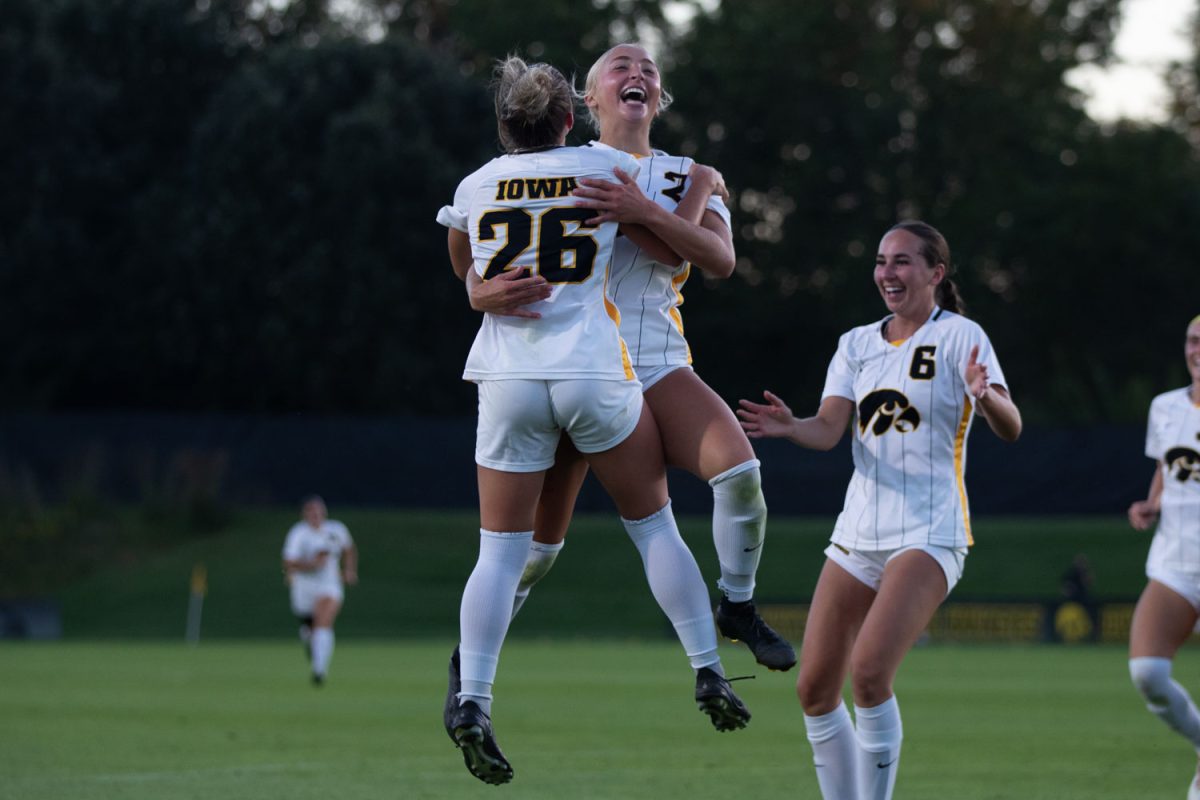 Iowa forwards Berit Parten and Shae Doherty celebrate a goal during a soccer match between Iowa and Wake Forest at the University of Iowa Soccer Complex on Sunday, Sept. 1, 2024. The Hawkeyes defeated the Deacon Demons 2-0.