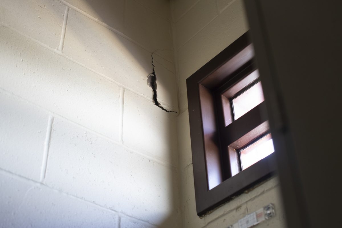 A cracked wall is seen at the Johnson County Sheriff’s Office in Iowa City on Friday, Sept. 6, 2024. During a tour of inmate cells, Sheriff Brad Kunkel discussed the overcrowding and building deterioration being experienced by the county’s jail.