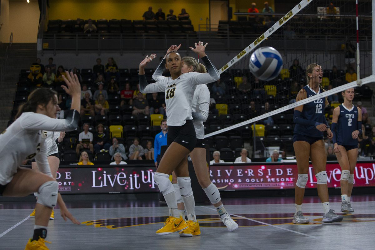 Outside hitter, Malu Garcia (18), walks away from an out of bounds ball during a game between Iowa and Cal Baptist at Xtream Arena in Coralville on Saturday, Sept. 7, 2024. The Hawkeyes defeated the Lancers 3-0.