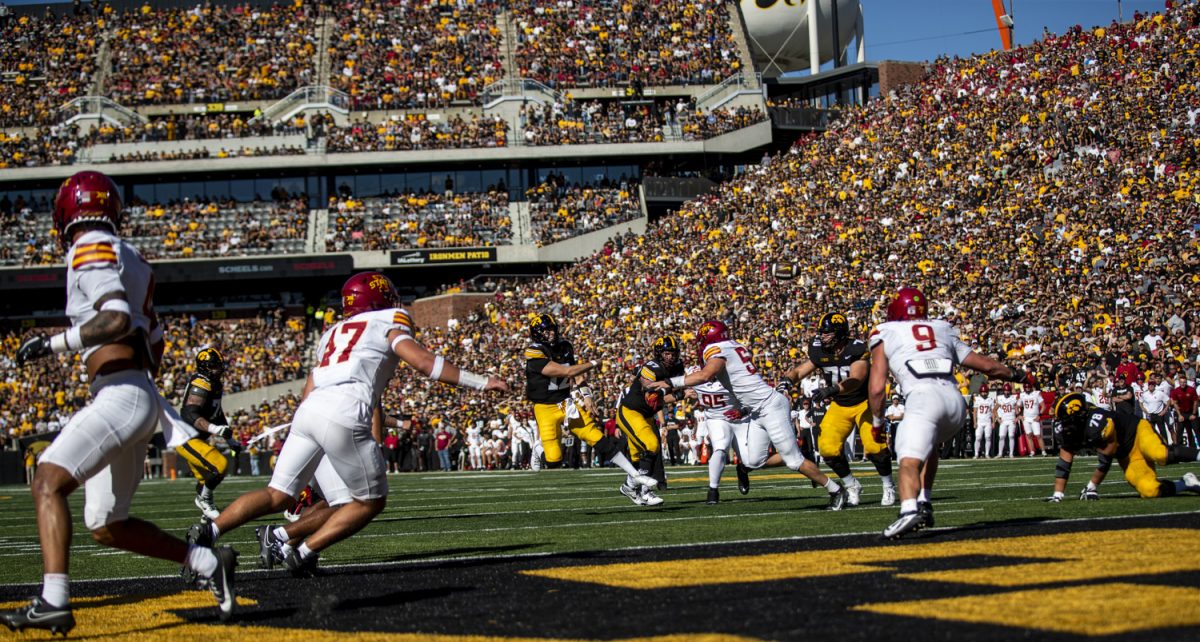 Iowa quarterback Cade McNamara prepares to throw the ball during a Cy-Hawk football game between No. 21 Iowa and Iowa State at Kinnick Stadium on Saturday, Sept. 7, 2024. McNamara passed for 99 yards and had two interceptions. The Cyclones defeated the Hawkeyes, 20-19.