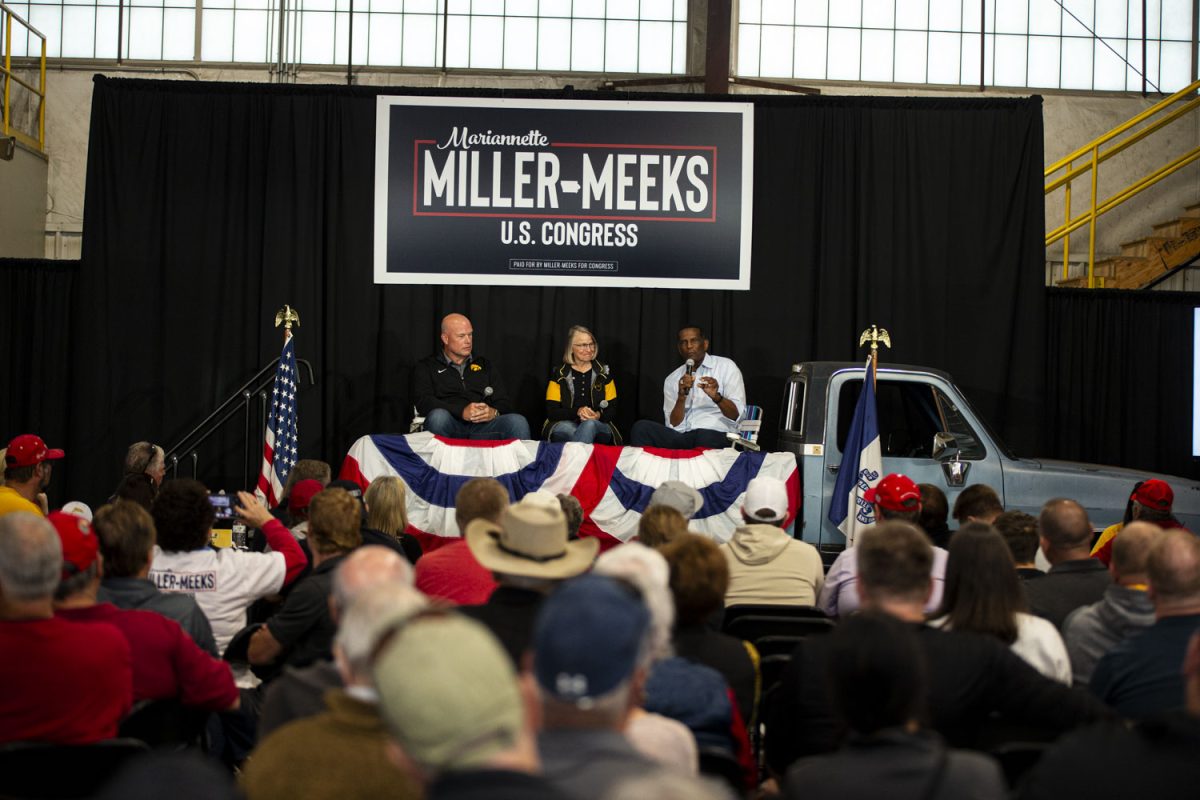 Former Iowa Attorney General Matthew Whitaker, Iowa Rep. Marianette Miller-Meeks and Utah Rep. Burgess Owens during the fourth annual “Triple M” Tailgate featuring Iowa Rep. Mariannette Miller-Meeks at Streb Construction in Iowa City on Saturday, Sept. 7, 2024. Miller-Meeks recently introduced legislation providing fully refundable tax credit for in vitro fertilization treatments. 