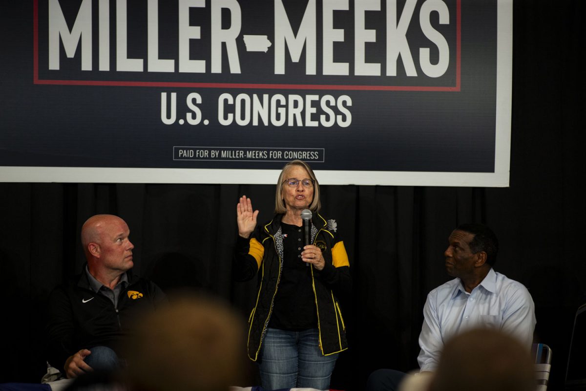 Iowa Rep. Marianette Miller-Meeks speaks during the fourth annual “Triple M” Tailgate at Streb Construction in Iowa City on Saturday, Sept. 7, 2024. A small contingent of pro-Palestine protesters demonstrated outside while three activists disrupted the event from inside. Rep. Miller-Meeks will be running against former University of Iowa Law professor Christina Bohannon for Iowa’s 1st congressional district. 