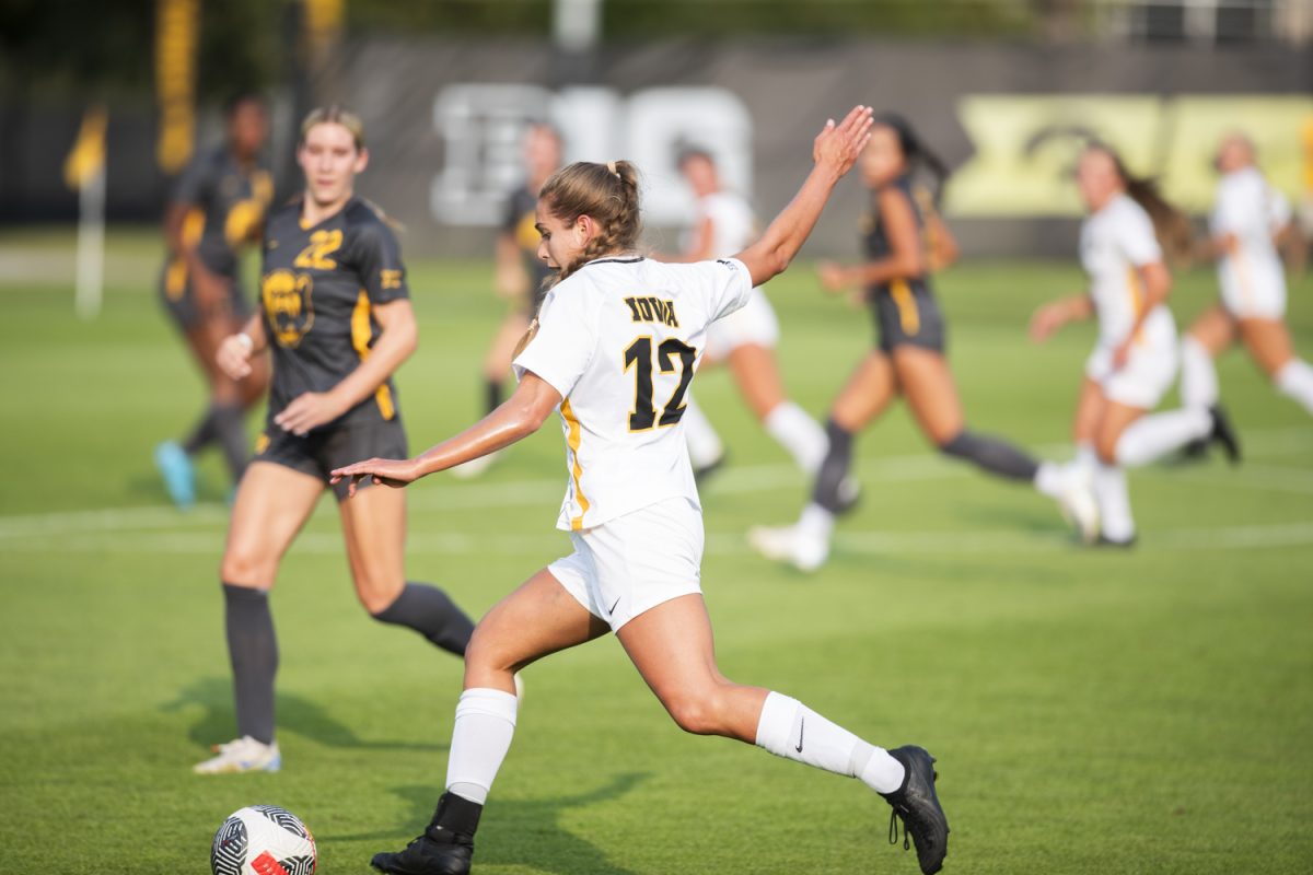 Iowa forward Lauren Geczik prepares to pass during a soccer match between the University of Iowa and Baylor University at the Iowa Soccer Complex  in Iowa City on Sunday, Sept. 8, 2024. The Hawkeyes defeated the Bears 3-0.