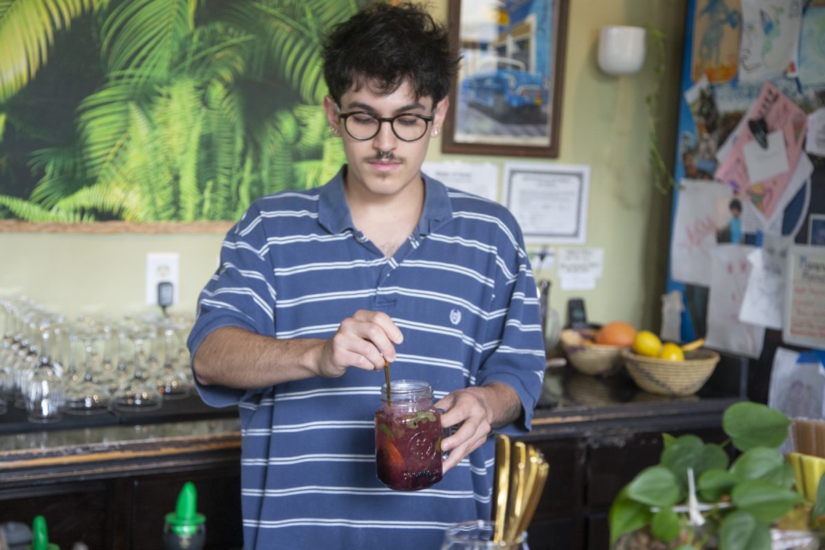 A bartender at The Green House in Iowa City, pours an Audrey II with an agave straw and fresh mint on Sept. 13, 2024. The Green House is an accessible local destination for herbal teas and specialty drinks, serving both mocktails and alcoholic beverages.