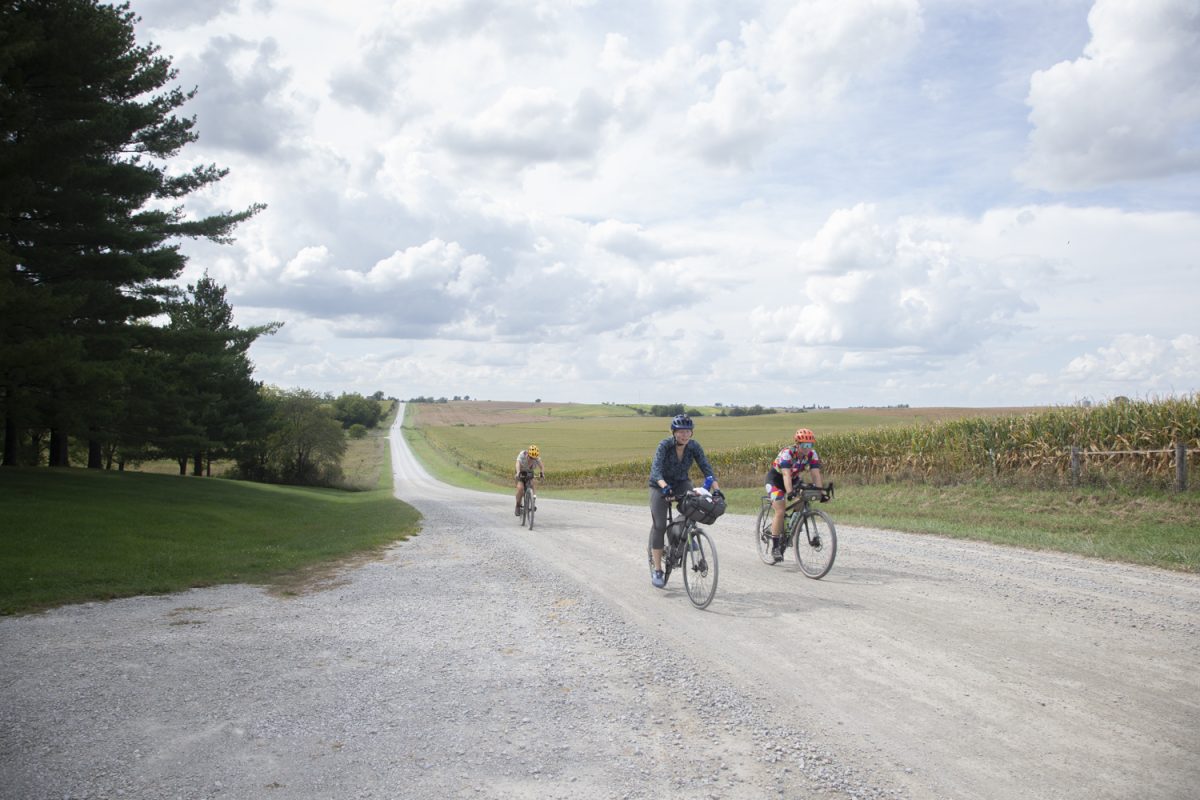 Riders make their way up a gravel hill on their way to Blueyah Blueberry Farm during Farm Cycle on Sunday, Sept. 15, 2024. The ride’s gravel segments amounted to a total of seventeen miles.