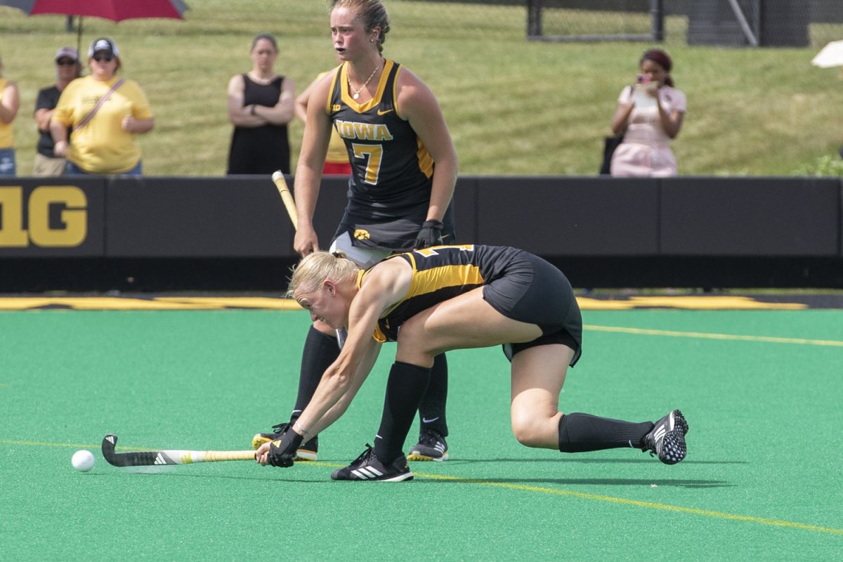 Iowa midfielder Dionne van Aalsum sends shot during a field hockey match between Iowa and Delaware at Grant Field on Sunday, Sept. 15, 2024. The Hawkeyes defeated the Blue Hens, 1-0. 