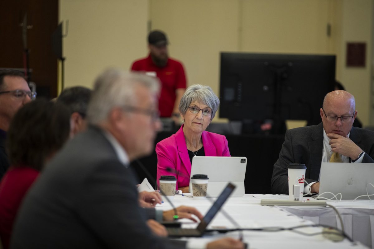 Board of regents president Sherry Bates listens to a finance presentation during a board meeting at the Iowa State Alumni Building in Ames on Wednesday, Sept. 18, 2024.