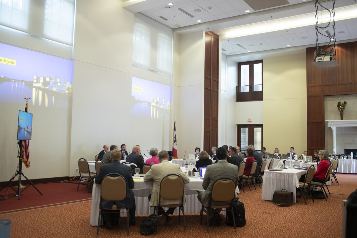 The Iowa Board of Regents talk about future building plans during a board meeting at the Iowa State Alumni Building in Ames on Sept. 18.