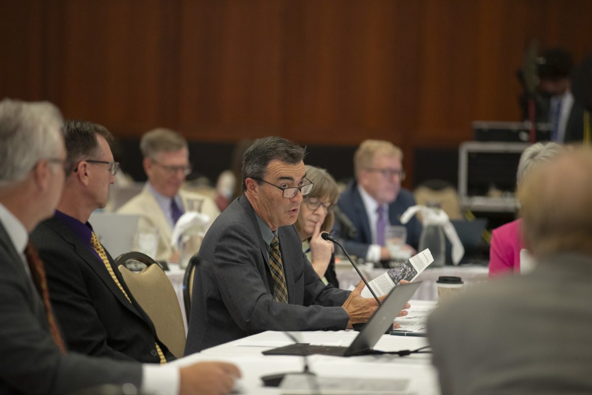 Iowa senior vice president Rod Lenhertz speaks about new projects for the University of Iowa during a board meeting at the Iowa State Alumni Building in Ames on Wednesday, Sept. 18, 2024.