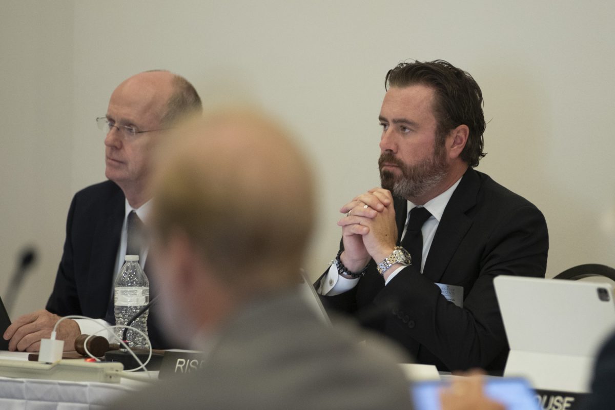 Iowa Board of Regents member JC Risewick listens to a presentation on Iowa state building expansion during a board meeting at the Iowa State Alumni Building in Ames on Wednesday, Sept. 18, 2024. Risewick announced his resignation from the board on April 23, 2026. 
