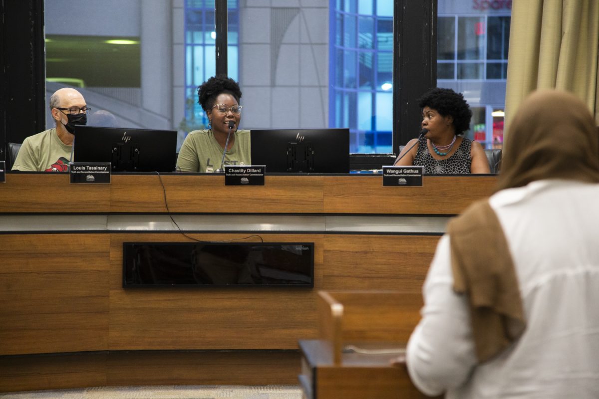 Commissioner Chastity Dillard asks a speaker a question during a Truth and Reconciliation Commission meeting at city hall in downtown Iowa City on Thursday, Sept. 19, 2024. The commission is currently preparing for its final report as its four-year term concludes on Dec. 31.