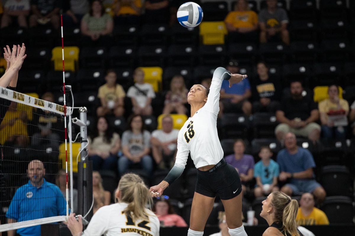 Outside Hitter Malu Garcia sends a spike during a volleyball match at Xtreme Arena in Coralville on Sept. 19, 2024. The Hawkeyes defeated the Coyotes 3-2. Garcia would finish with 8 Kills on the night for the Hawkeyes.