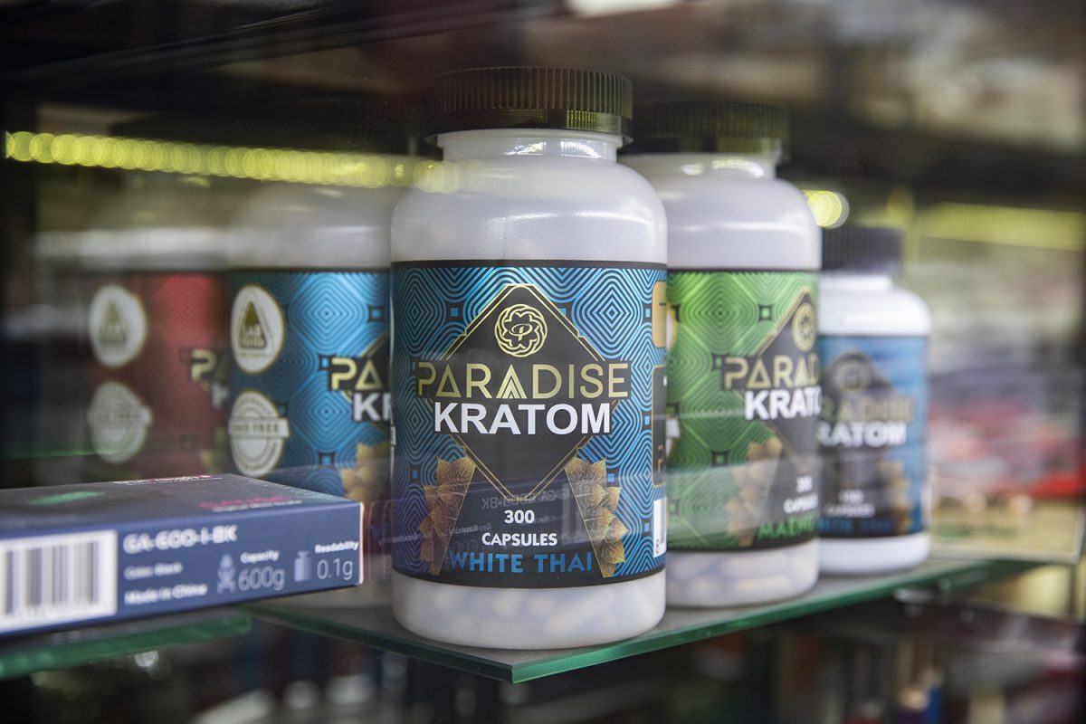 Kratom capsules are seen inside The Crown Liquor and Smoke shop in downtown Iowa City on Monday, Sept. 23, 2024. Recently, Iowa City City Council members have discussed regulations regarding Kratom supplements.