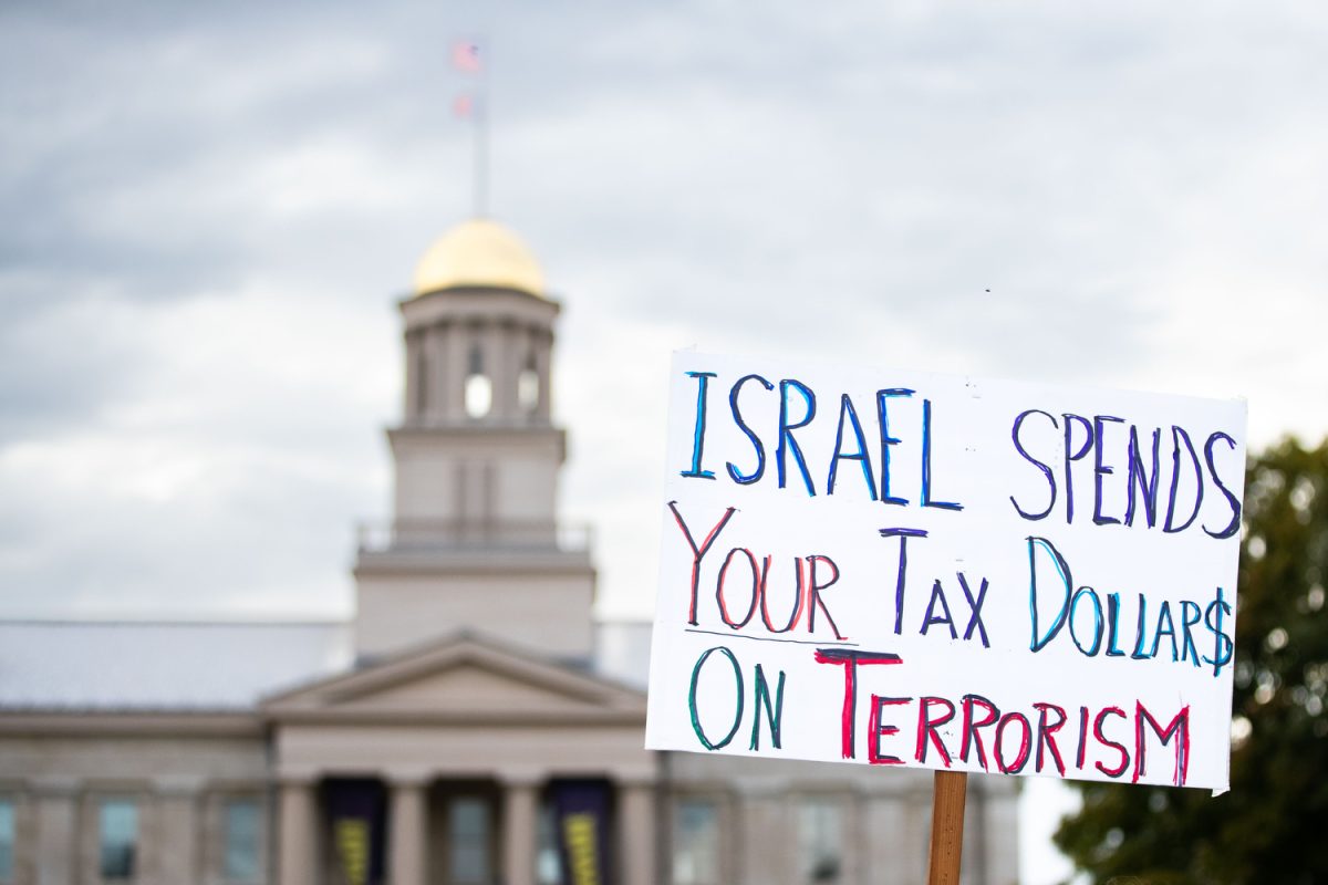 An anti-Israel sign is seen during a pro-Palestine protest in solidarity with Lebanon on the Pentacrest in Iowa City on Tuesday, Sept. 24, 2024. A pro-palestine protest took place at a Christina Bohannan event on Saturday morning. 