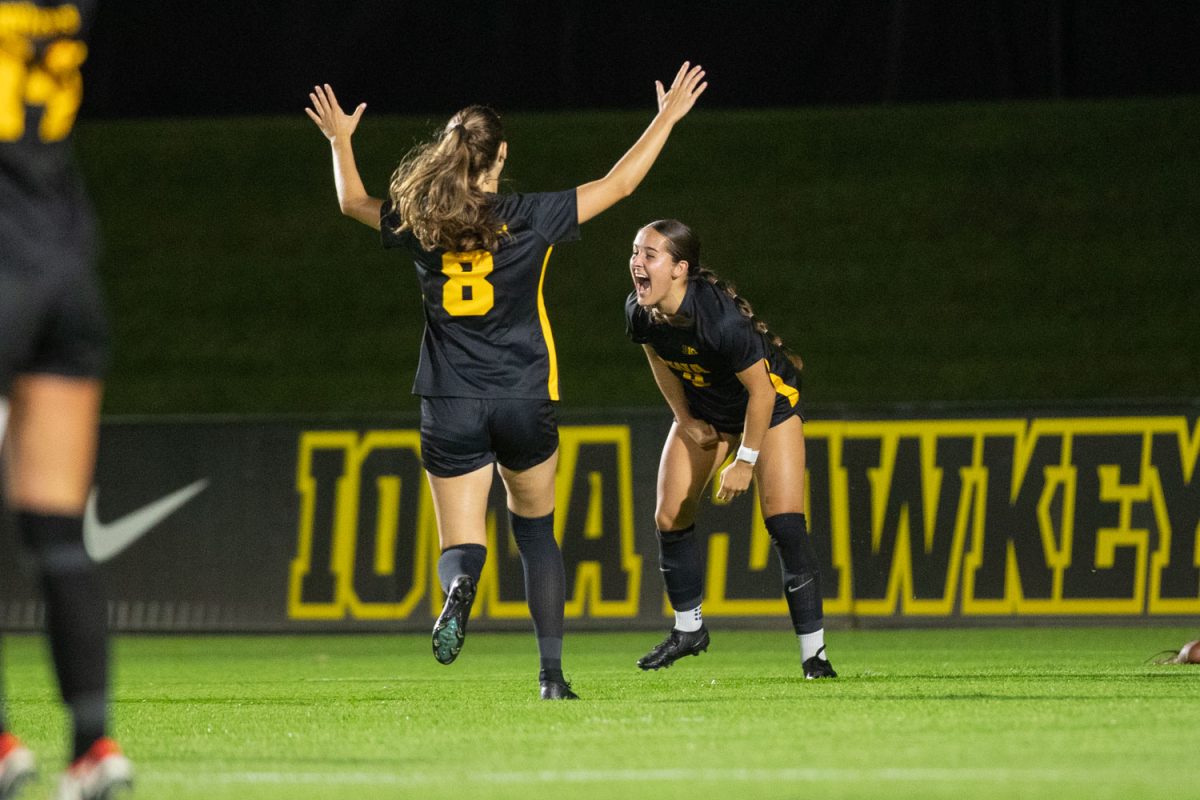 Forward Maya Hansen celebrates a improvable goal during an Iowa Soccer match on Thursday Sept, 26, 2024. The Hawkeyes defeated the Nittany Lions 2-1.