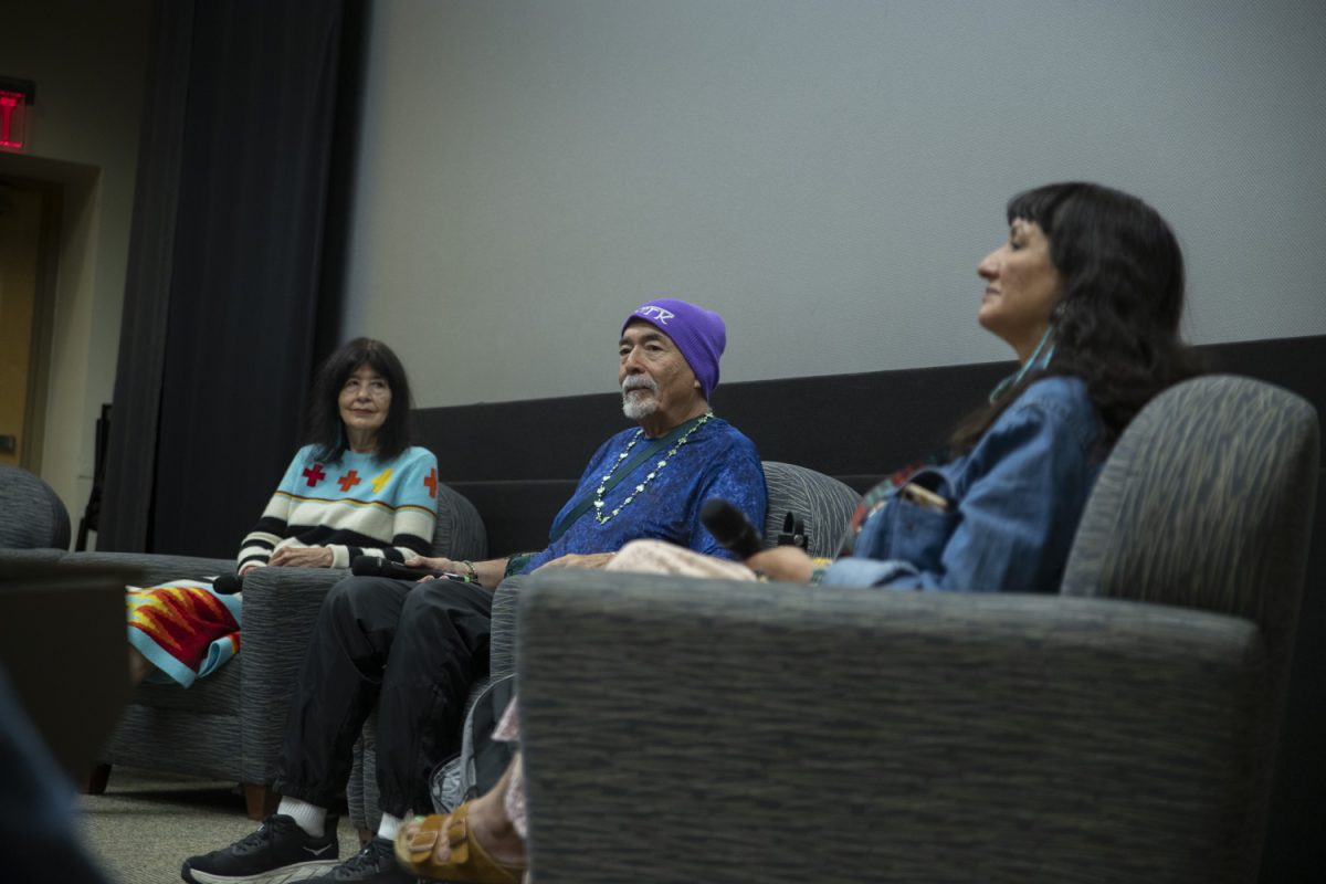 Panelists (from left) Joy Harjo, Juan Felipe Herrera, and Sandra Cisneros speak during Latino-Native American Alumni Alliance Reunion at the Iowa Memorial Union on Sept. 29. Native American and Latino speakers spoke at a panel and sand shared their experiences as Iowa graduates.