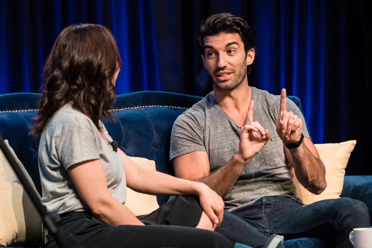 The director of “It Ends With Us,” Justin Baldoni speaks at the TedWomen Conference in 2017.