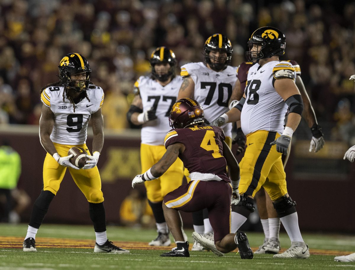 Iowa running back Jaziun Patterson reacts after catching the ball during a football game between Iowa and Minnesota at Huntington Bank Stadium in Minneapolis, Minn., on Saturday. Sept. 21, 2024. The Hawkeyes defeated the Gophers, 31-14, to win back the Floyd of Rosedale trophy.