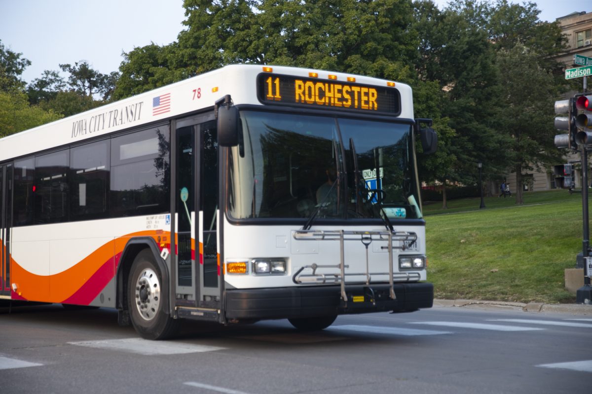 An Iowa City Transit bus is seen on Madison street in Iowa City on Monday, Sept. 9, 2024. Ridership has been on the rise since a fare-free program was put into place