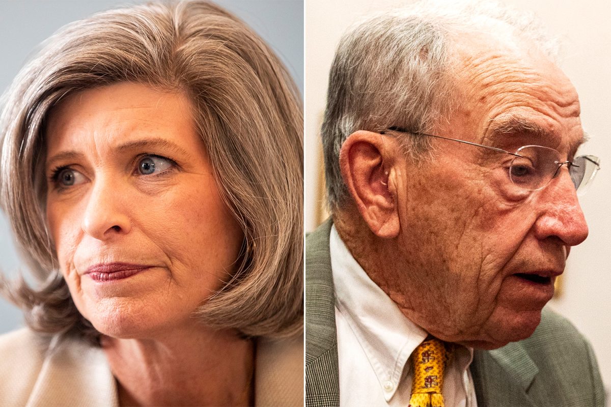 (Left) U.S. Sen. Joni Ernst answers questions during an interview at the Russel Senate Office Building in Washington D.C. on Wednesday, April 10, 2024. (Right) U.S. Sen. Chuck Grassley answers questions during an interview at the Hart Senate Office Building in Washington D.C. on Monday, April 8, 2024. 