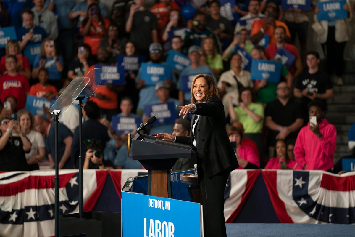 Vice President Kamala Harris speaks at Northwestern High School in Detroit during a Labor Day rally on Monday, Sept. 2, 2024.