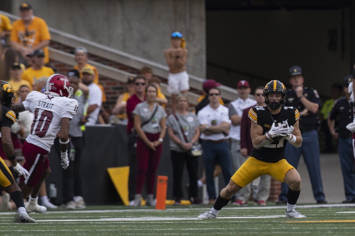 Iowa wide reciever Kaden Wetjen returns a punt during a football game between Iowa and Troy at Kinnick Stadium in Iowa City on Saturday, Sept. 14, 2024. Wetjen returned two punts during the game. 