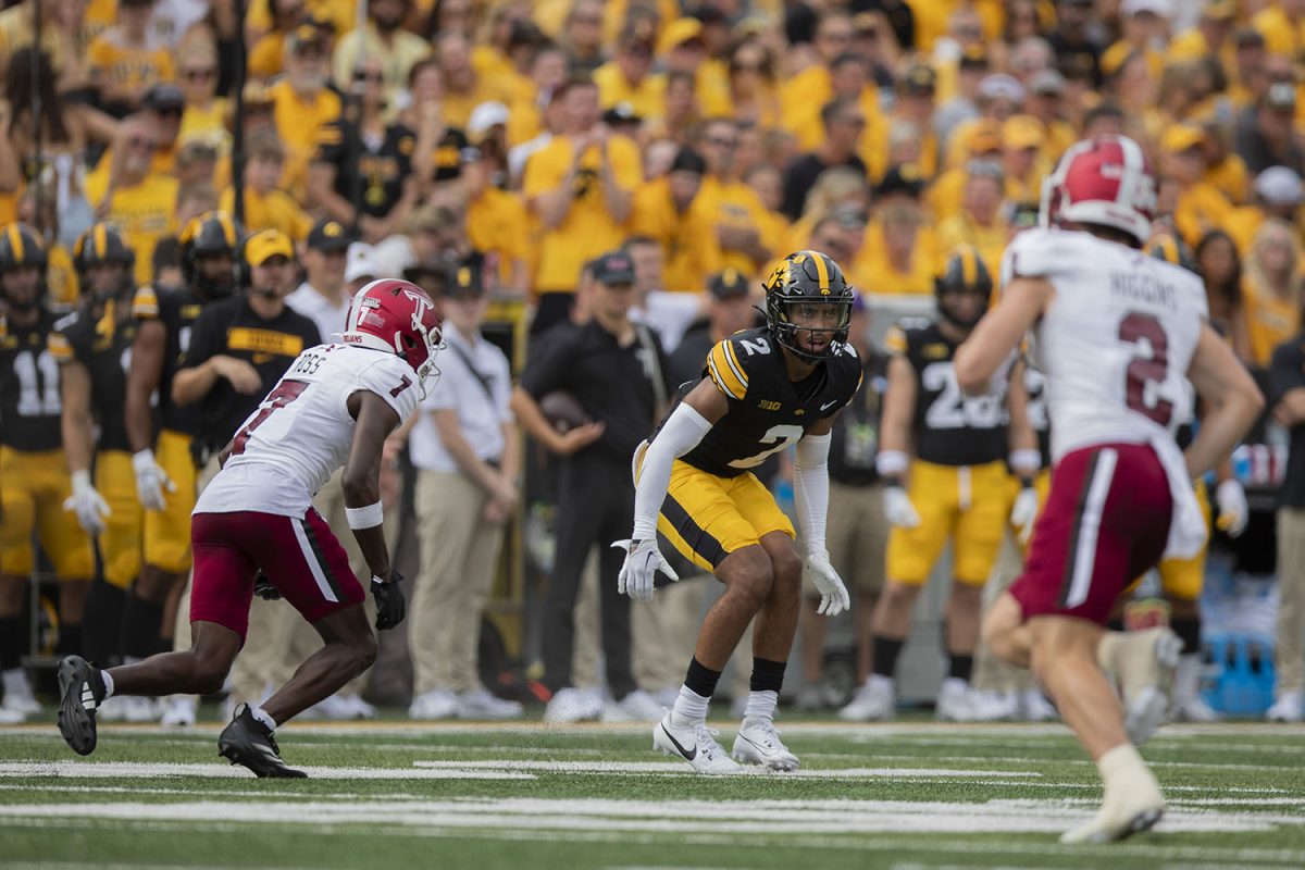 Iowa cornerback TJ Hall looks to fellow defenders during a football game between Troy and Iowa in Kinnick Stadium in Iowa City on Saturday, Sept. 14, 2024. 