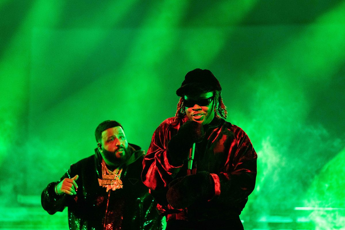 February 19, 2022; Cleveland, OH, USA; Gunna (front) and DJ Khaled (back) during the 2022 NBA All-Star Saturday Night at Rocket Mortgage Field House. 